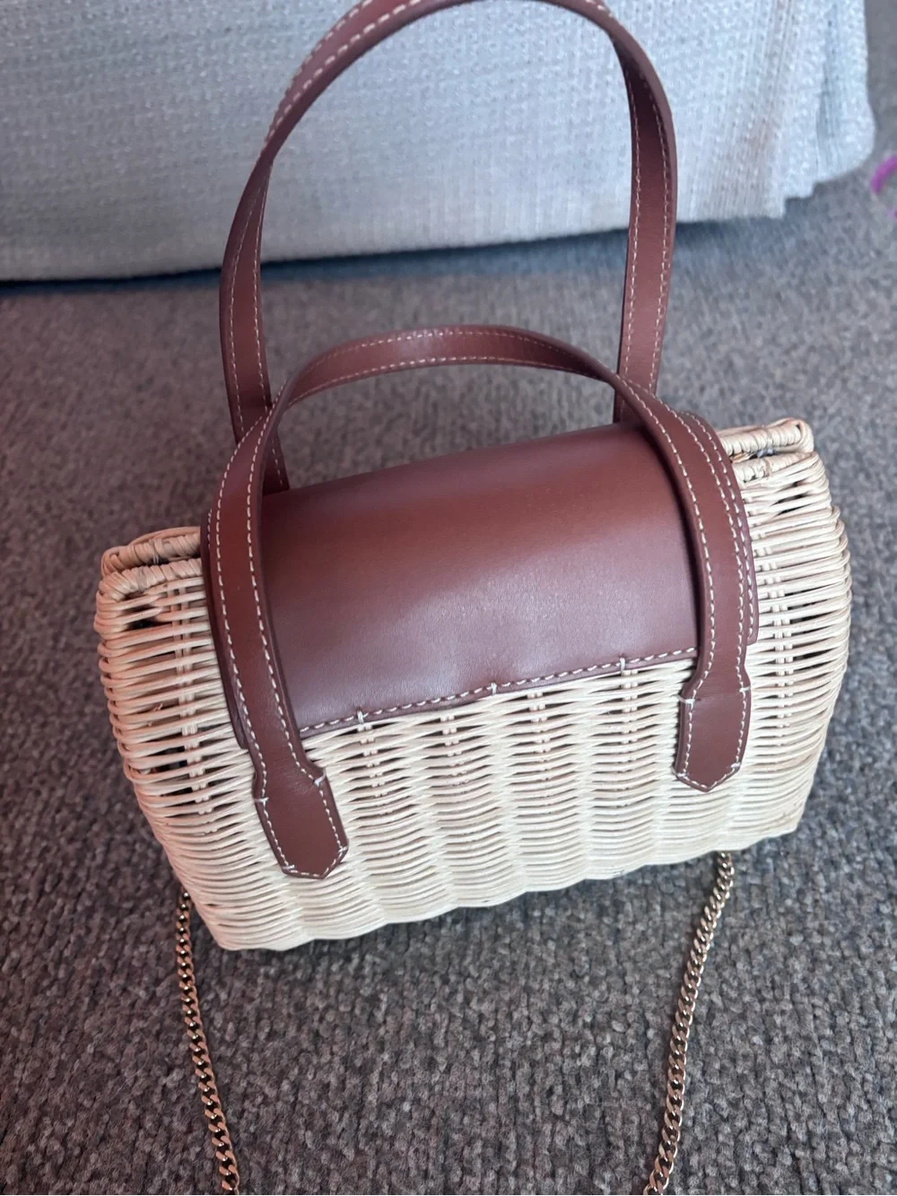 J Crew Small Rattan top-handle bag with Brown Leather Trim